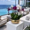 Potted orchids in white and purple on a gold bowl planter