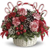 Holiday basket arrangement with red and white carnations and candy canes