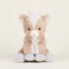 Plush stuffed animal with tan and white fur sitting against a plain background