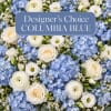 Blue and white floral arrangement with roses, hydrangeas, and ranunculus