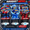 Promotional menu for car-themed gift bouquets with roses and toy cars.