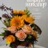 Sunflower and rose arrangement in a white box with autumn workshop text overlay.