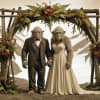 Two ape-like figures in formal attire stand under a floral arch in a snowy mountain scene.