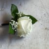 White rose boutonniere with baby's breath and green leaves