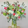 Roses, Hydrangeas, Stock ,green in glass vase 