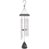 Hanging metal wind chime with clear tubes and a dark top and clapper