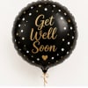 Black round balloon with gold "Get Well Soon" text and polka dots