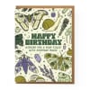 Birthday card with illustrated moths, frogs, and a snail