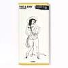 Chocolate bar wrapper with a black line drawing of a cowgirl