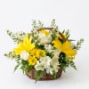 Yellow and white flowers arranged in a wicker basket