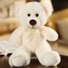 White teddy bear with a satin bow sitting on a table