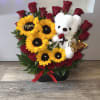 HEART DESIGN ROSES, SUNFLOWERS, LARGE BLACK BUCKET   .  