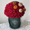 Standard 50 red roses with velvet pumpkins 
Deluxe 75 red roses with