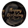 Black birthday balloon with gold lettering and geometric lines