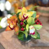 Bouquet of orchids in a small glass vase