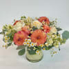 Vase arrangement featuring dahlias &amp; roses. 
approximately 15 inches in width, 10
