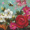 Colorful floral art print with red and pink blooms, white flowers, and a bee on a teal background