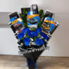 Blue rose bouquet with Hot Wheels toy cars and black wrapping