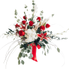 Red roses and white lilies in a tall vase with a red ribbon
