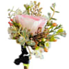 Pink rose bouquet with white blossoms and eucalyptus, wrapped in black ribbon