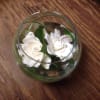 White flowers arranged in a round glass bowl with stones