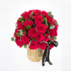Bouquet of red roses in a gold vase with a black ribbon