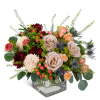 Mixed bouquet of roses, chrysanthemums, and berries in a clear square vase