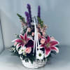 White Basket with Stargazer Lilies, Liatris, Snap Dragons, Spray Roses And Daisies