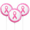 Three pink ribbon balloons on sticks against a white background