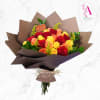 Bouquet of red, yellow, and peach roses wrapped in brown paper