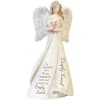 White angel figurine holding a pink heart with memorial text on the robe