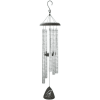Silver wind chime with hanging metal tubes and a black clapper