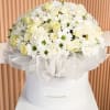 White roses and daisies arranged in a white hatbox