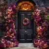 Black front door framed by dense pink, purple, and peach floral displays