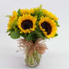 Bouquet of sunflowers in a clear glass vase with a raffia bow