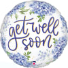 Round balloon with blue flowers and the words "get well soon"