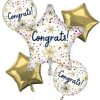 Cluster of congratulatory balloons with gold stars and confetti dots