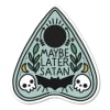 Teardrop-shaped sticker with skulls, a bat, and the text "Maybe Later Satan"