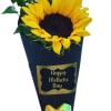 Sunflower bouquet in dark wrap with a Happy Mothers Day label