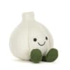 Plush garlic-shaped toy with a smiling face and green feet