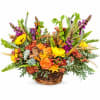Basket arrangement with orange, yellow, and purple flowers and butterfly accents