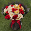 Bouquet of red roses and white daisies with yellow butterfly accents
