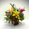 A lush centerpiece held in a small cube vase.