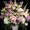 Different shades of pinks with white hydrangeas.