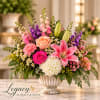 Pink and peach floral arrangement in a white urn vase with lilies and roses