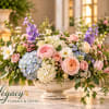 Pastel floral arrangement in a white pedestal bowl with roses and hydrangeas