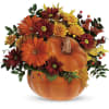 Pumpkin-shaped vase with orange and burgundy flowers