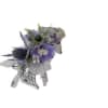 Small purple floral bouquet with silver wrapping and ribbon