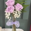 Lavender roses in a clear glass vase with white baby's breath