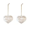 Two heart-shaped hanging ornaments with sentimental text